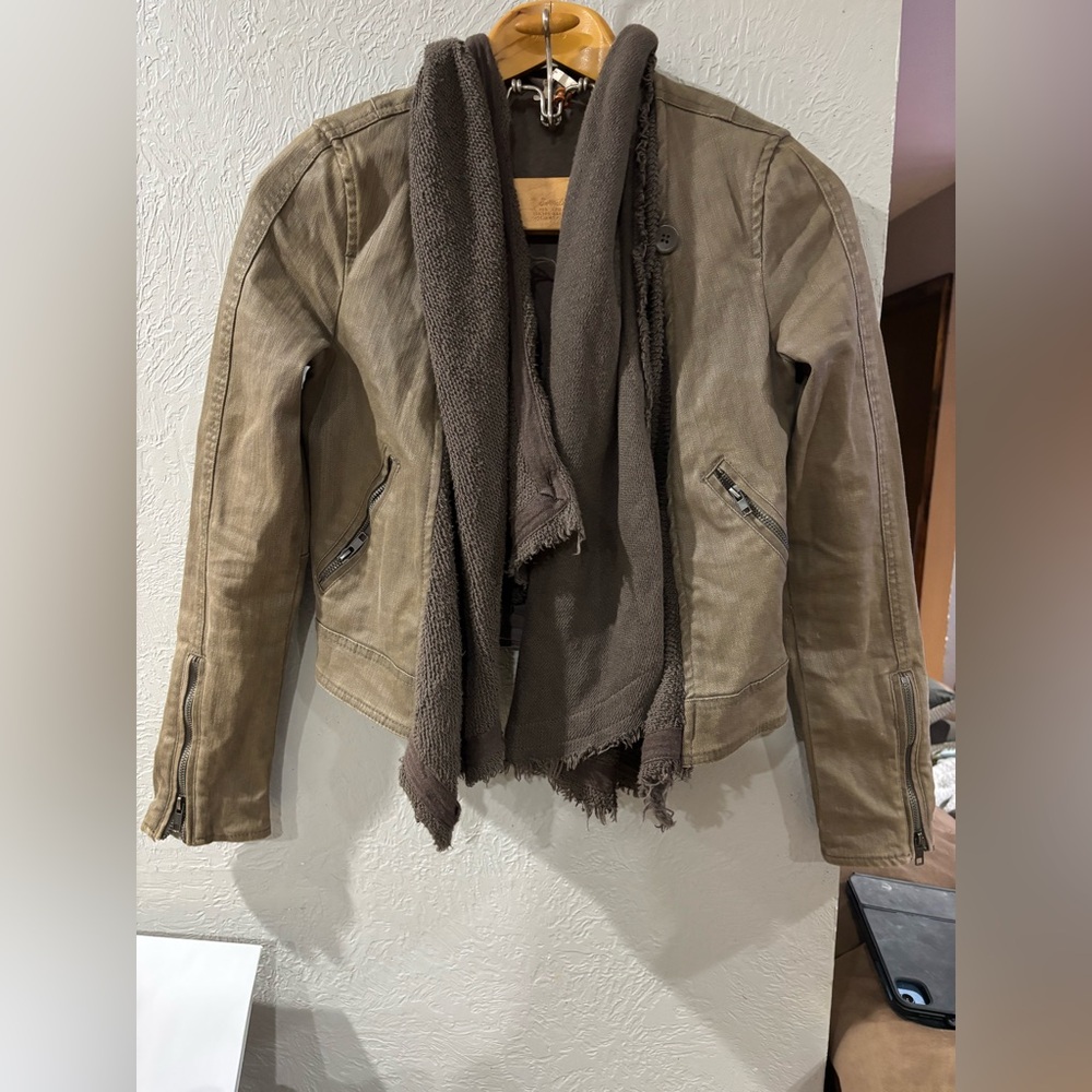 Free people olive green cotton draped front coat moto jacket womens size 2